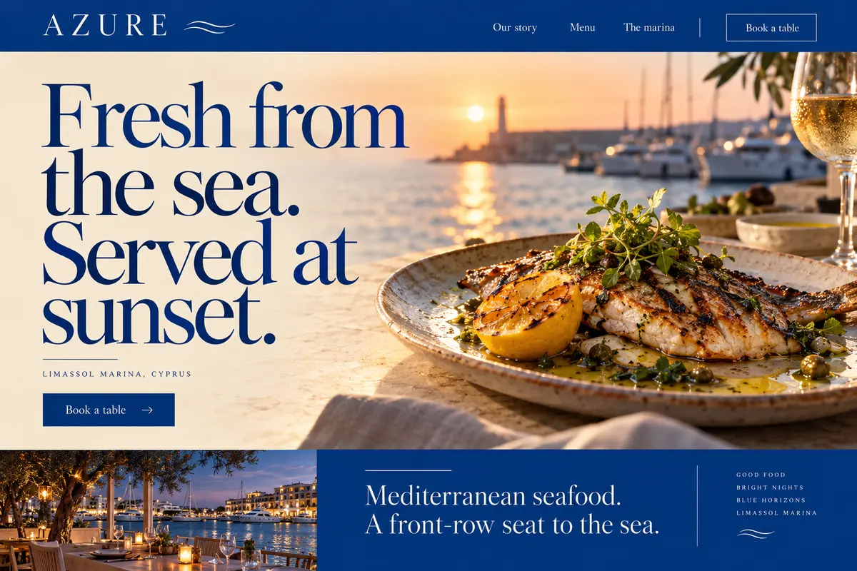 Website design concept for AZURE, Seafood restaurant in Limassol
