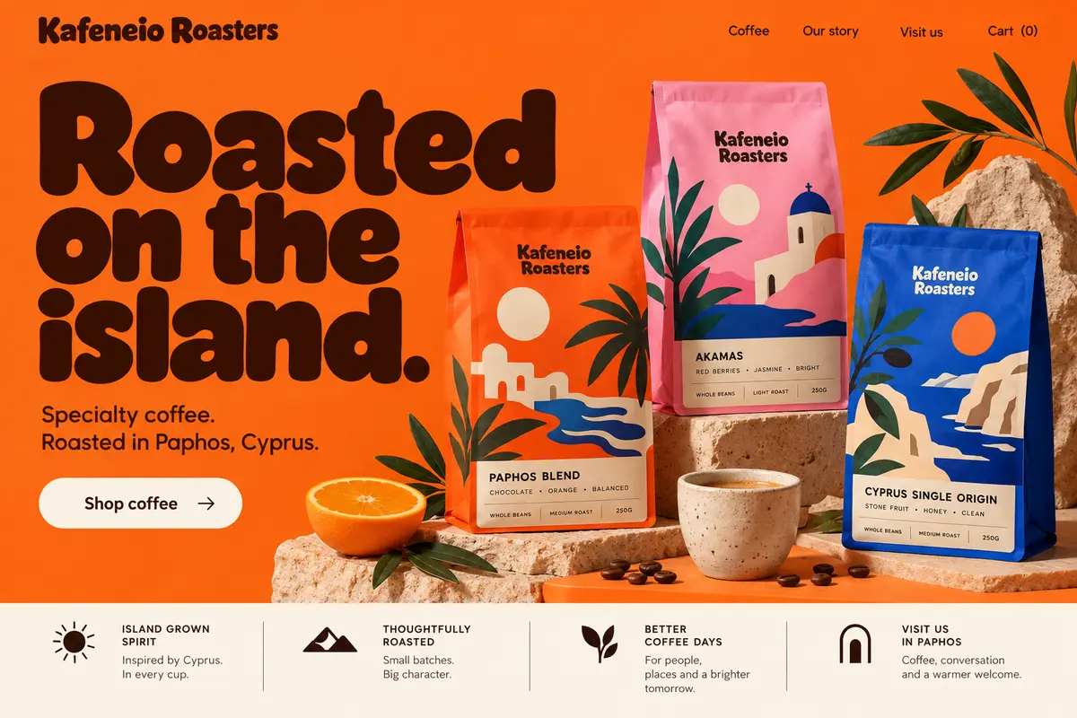 Website design concept for Kafeneio Roasters, Coffee roastery in Paphos