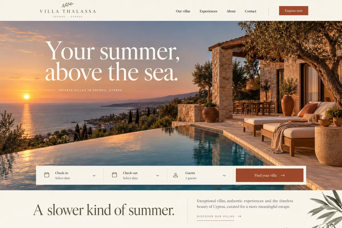 Website design concept for Villa Thalassa, Luxury villa rentals in Paphos